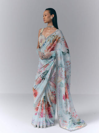 Ice Blue Ethereal Bloom Sari Set