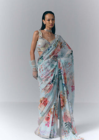 Ice Blue Ethereal Bloom Sari Set