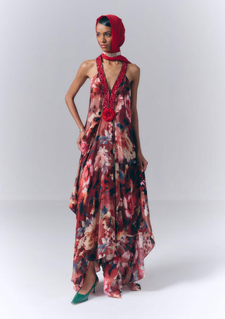 Maroon Bloom Printed Maxi Dress