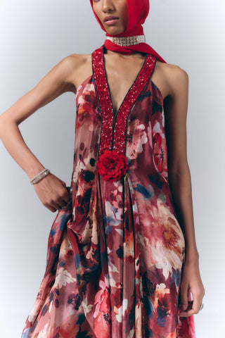 Maroon Bloom Printed Maxi Dress