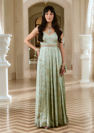 Turquoise jacquard gown and belt