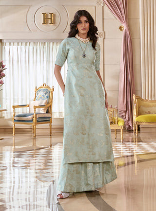 Cyan mint green jacquard straight-fit kurta set