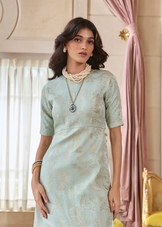 Cyan mint green jacquard straight-fit kurta set