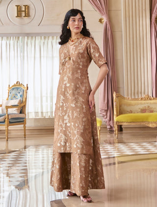 Mocha brown jacquard kurta and pant set