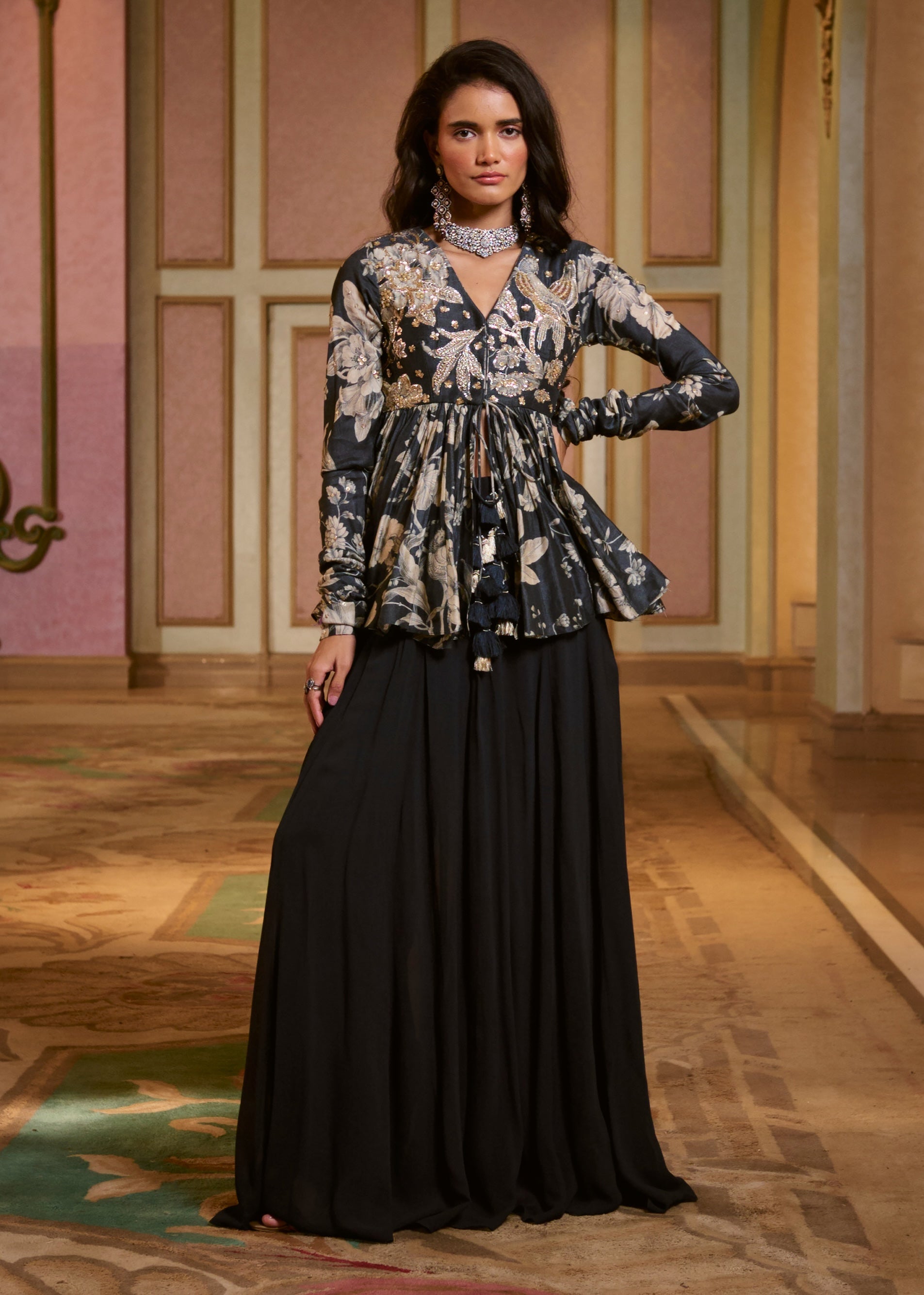 Navy blue floral-printed peplum and palazzo - Main Image