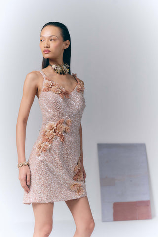 Ash Peach Floral Embellished Mini Dress