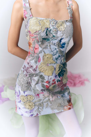 Light Blue Printed Embroidered Mini Dress