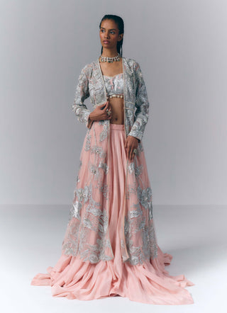 Peach Embellished Long Jacket And Skirt Set
