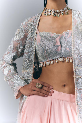 Peach Embellished Long Jacket And Skirt Set