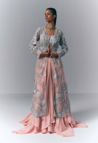 Peach Embellished Long Jacket And Skirt Set