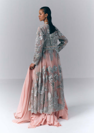 Peach Embellished Long Jacket And Skirt Set