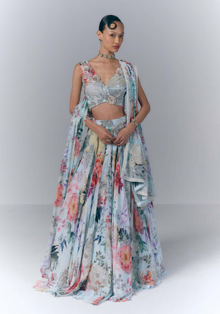 Ice Blue Aqua Bloom Lehenga Set