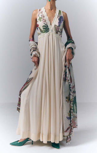 Ivory Botanical Embroidered Anarkali With Dupatta