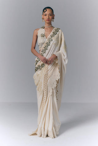 Ivory pearl embroidered sari set