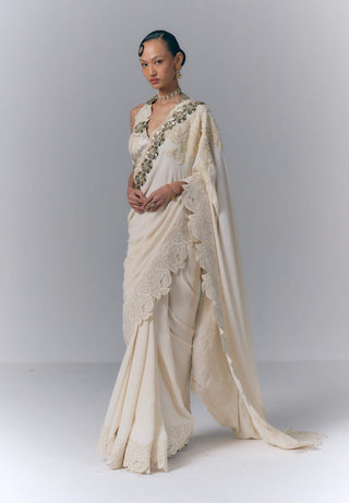 Ivory pearl embroidered sari set