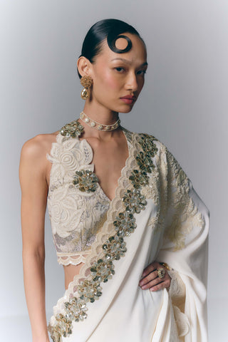 Ivory pearl embroidered sari set