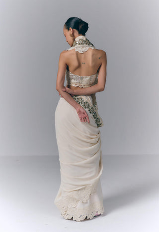 Ivory pearl embroidered sari set