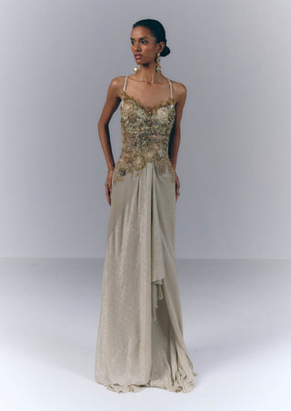 Champagne Embroidered Drape Gown