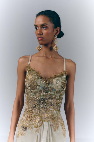 Champagne Embroidered Drape Gown