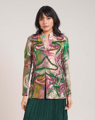 Ira blazer and asymmetric drape skirt