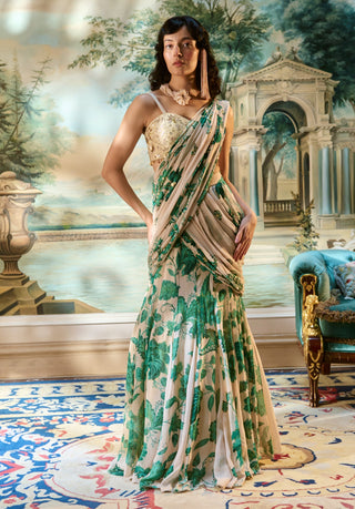 Ivory green pre-draped chiffon sari and blouse