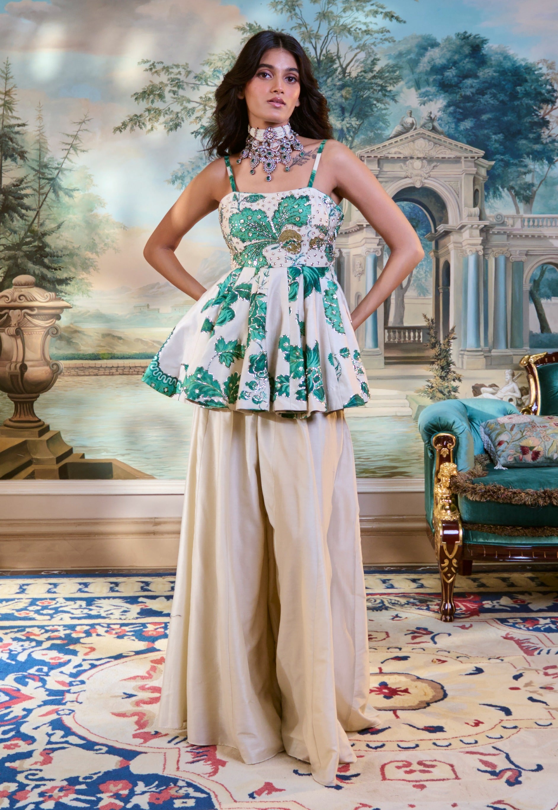peplum dress with plazo Beige Embroidered Slit Style Peplum Palazzo Suit XXL