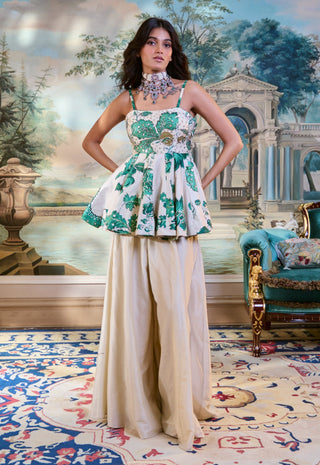 Ivory green peplum top and palazzo
