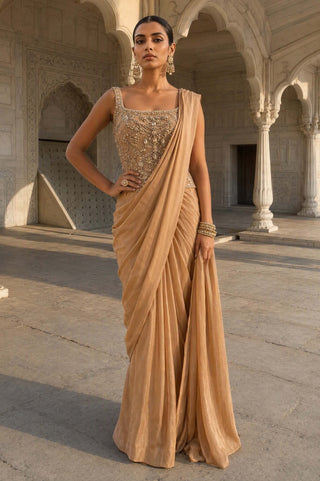 Peetambari gold pre-stitched sari with corset