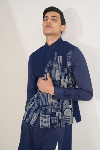 Navy thread embroidered jawahar jacket set