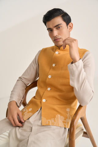 Ochre thread embroidered jawahar jacket set
