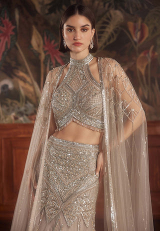 Crater taupe gray cape and lehenga set