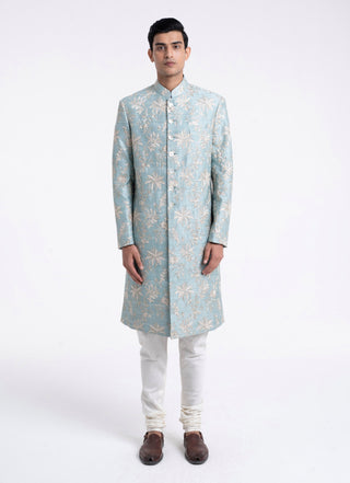Powder blue zari embroidered sherwani set