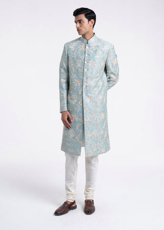 Powder blue zari embroidered sherwani set