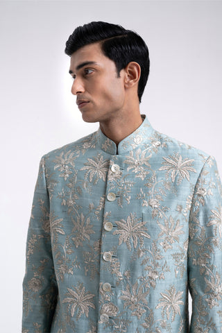 Powder blue zari embroidered sherwani set
