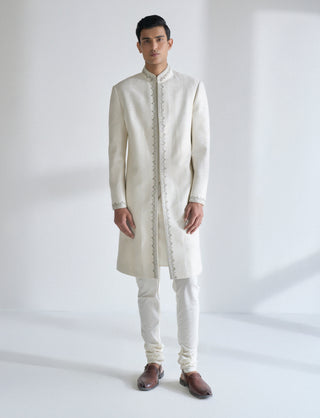 Ivory metal embroidered lace sherwani set