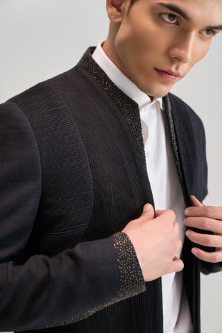 Black front open contemporary bandhgala set