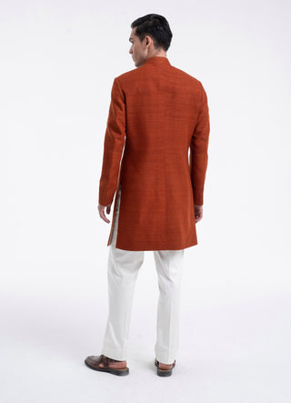 Burnt orange thread detail panel sherwani set