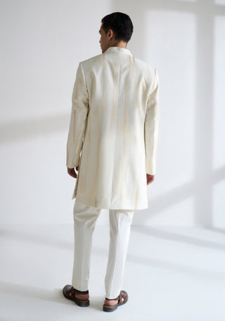 Ivory front open zari embroidered sherwani set