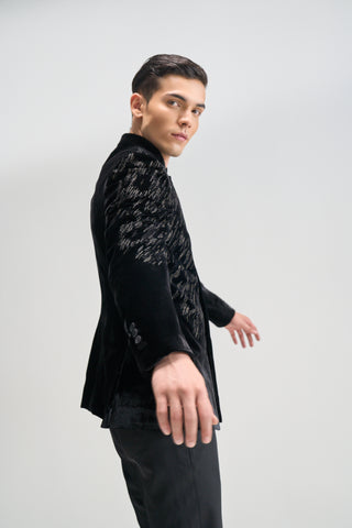 Black embroidered velvet bandhgala set