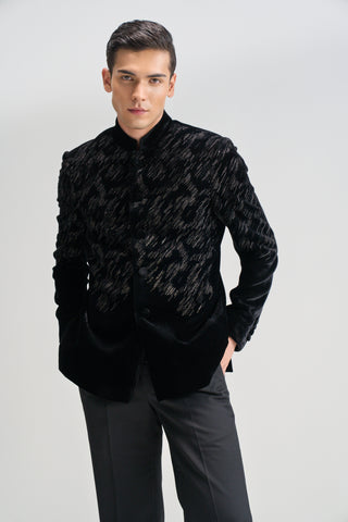 Black embroidered velvet bandhgala set