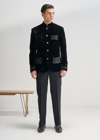 Black embroidered velvet bandhgala set