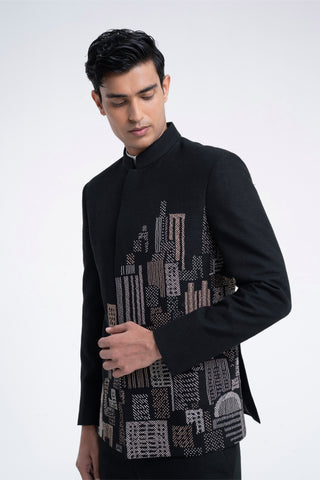 Black thread embroidered bandhgala set