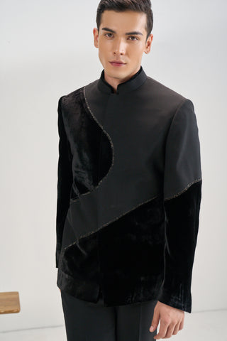 Black velvet bandhgala set