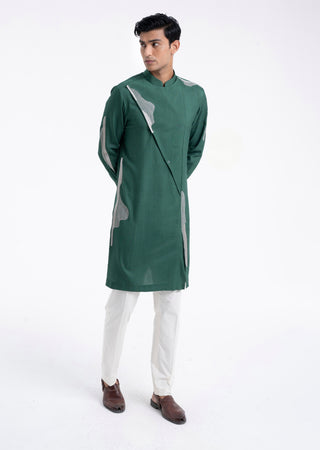 Forest green embroidered cotton silk kurta set