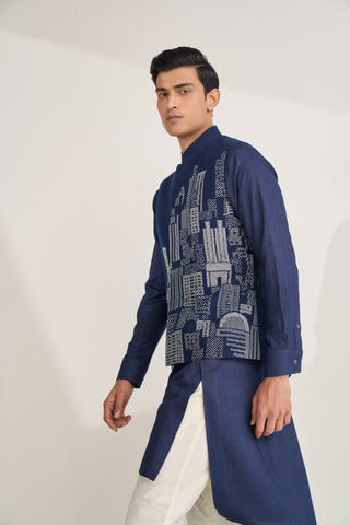 Navy thread embroidered jawahar jacket set