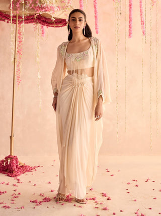 Ivory embellished choli and cape with draped skirt