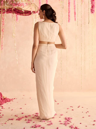 Ivory embellished choli and cape with draped skirt