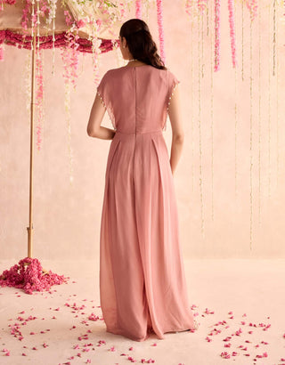 Champagne embellished full-length pleated jumpsuit