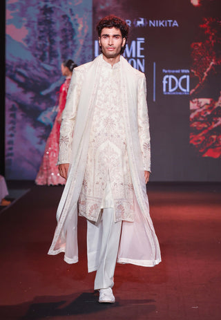 White and gold embroidered sherwani set