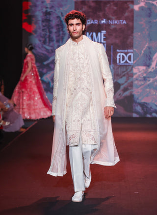White and gold embroidered sherwani set